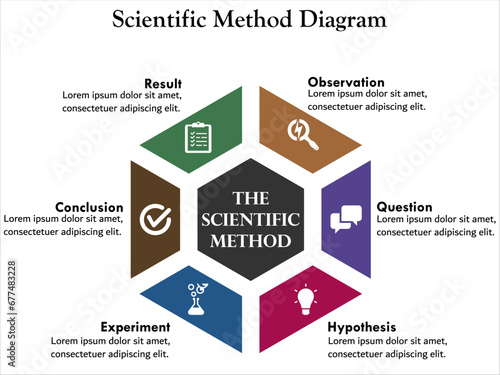 Scientific Method diagram - Observation, Question, Hypothesis, Experiment, Conclusion, Result. Infographic template with icons and description placeholder