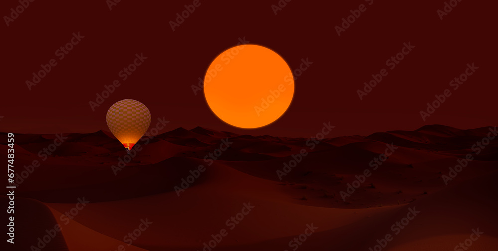 Fototapeta premium Hot air balloon flying over beautiful sand dunes in the Sahara desert - Sahara, Morocco