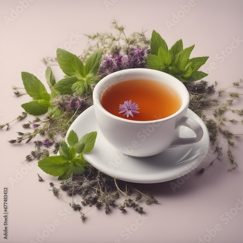 Closeup image of cup of herbal tea surrounded by herbs on table. Health and wellness concept.