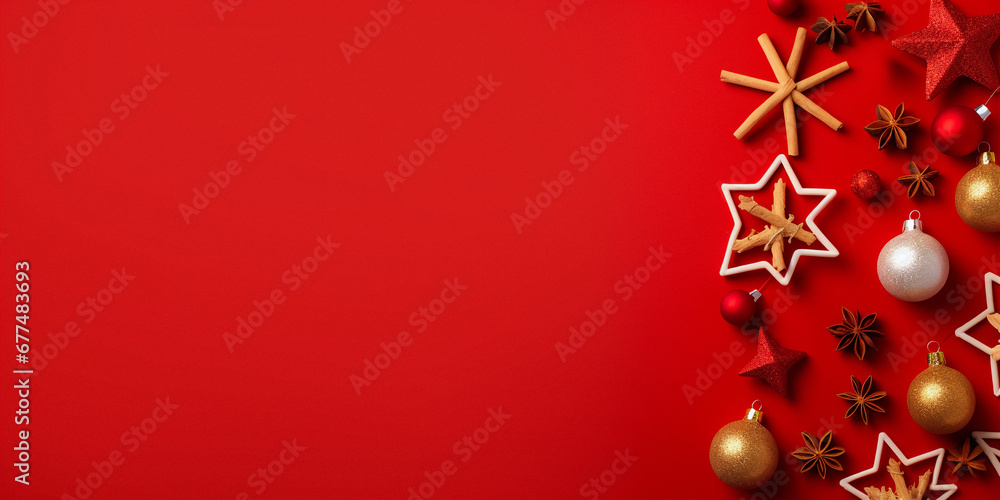 Christmas red background with decor in red and gold colors Christmas red background with decor in red and gold colors