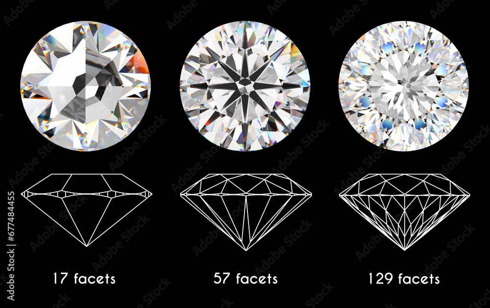 Round shaped, variously cut diamonds. Single cut 17 facets, brilliant cut 57 facets, modified cut 129 facets. Front view with facet diagrams, isolated on black background. - obrazy, fototapety, plakaty 