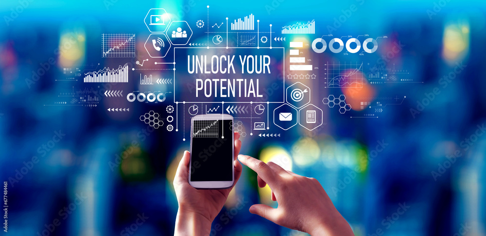 Obraz premium Unlock your potential theme with person using a smartphone in a city at night