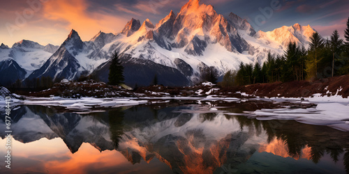 Snowy mountain at sunrise with water reflects, "Mountain Majesty: Sunrise Reflections in Snow"
