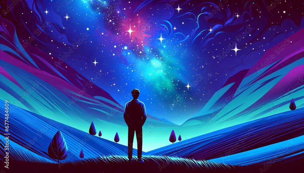 Fototapeta premium Starry Inspiration: A Tranquil Hilltop Gaze