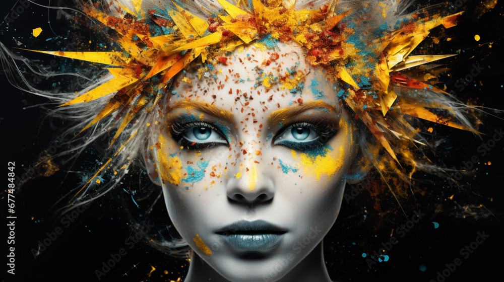 Portrait of a beautiful woman with bright make-up and colorful paint on her face.
