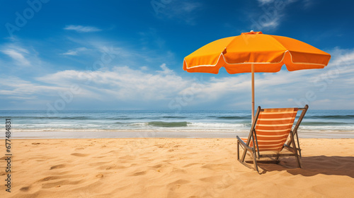 Beach chair and umbrella on the sandy beach with blue sky background