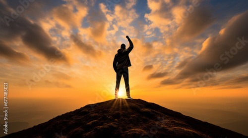 Silhouette of a businessman standing on top of the mountain and raising his hand to the sky.
