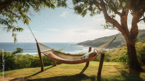 Hammock on the beach with view of the sea and mountain