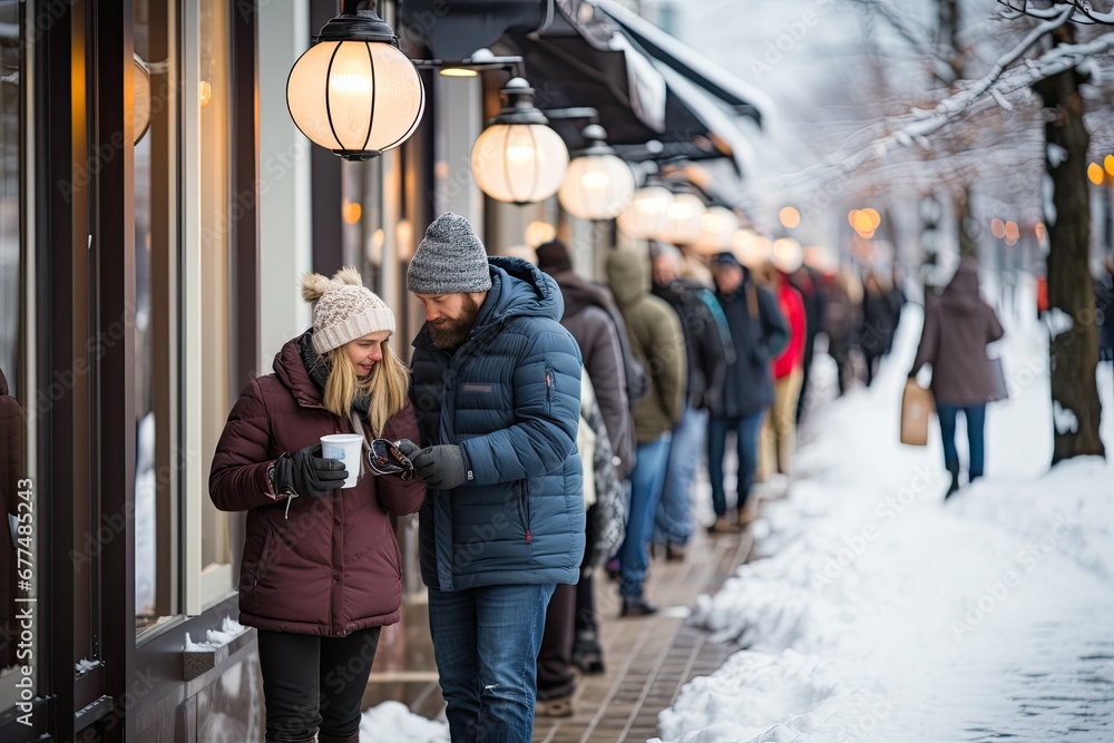 several people queuing in a shop in winter. Blurred motion long line diverse group of people waiting outdoor to attend winter festival event. Defocused family members, parents and kids queuing several people queuing in a shop in winter. Blurred motion long line diverse group of people waiting outdoor to attend winter festival event. Defocused family members, parents and kids queuing