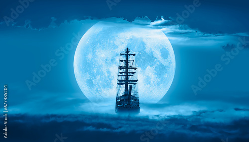 Sailing old ship in a storm sea with full moon stormy clouds in the background "Elements of this image furnished by NASA "