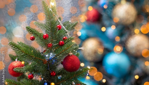 A close-up view of a festive Christmas tree adorned with brightly colored decorations, with a focus on the colorful baubles.