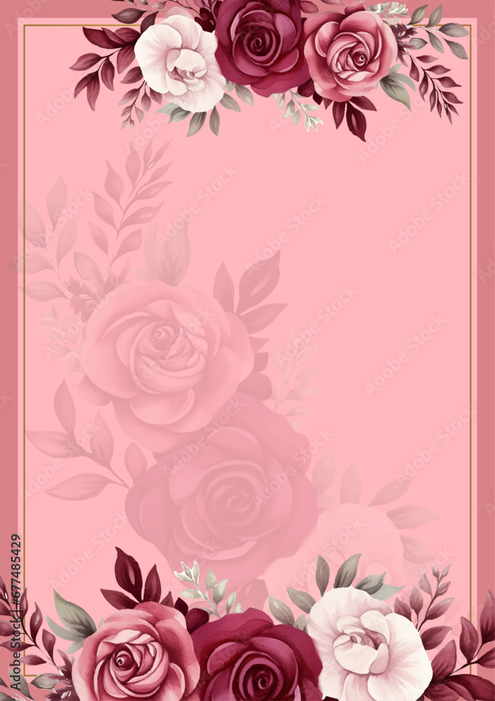 Red pink and white modern wreath background invitation frame with flora and flower