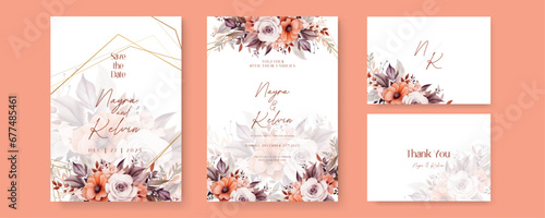 Peach and white poppy floral wedding invitation card template set with flowers frame decoration