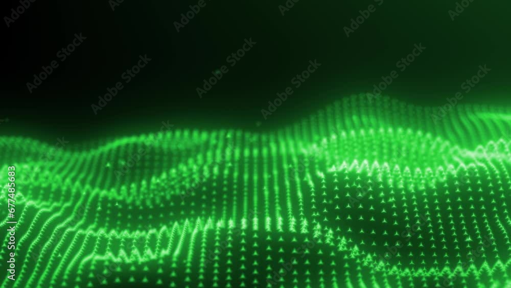 Green wavy plane in continuous motion emitting glowing triangle sub-particles Green wavy plane in continuous motion emitting glowing triangle sub-particles