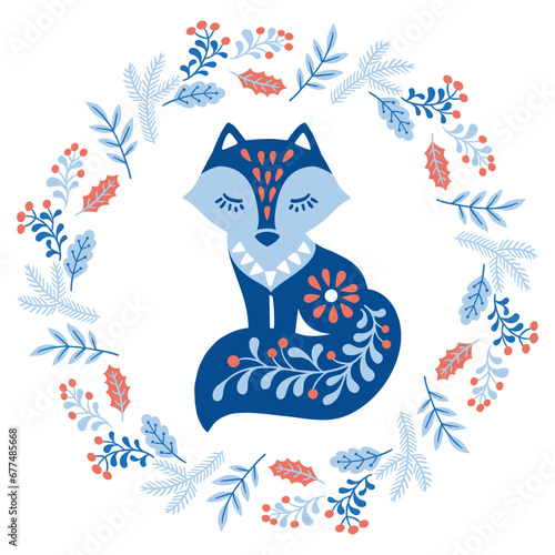 Vector hand drawn illustration of animals in Nordic style hygge. Fox in floral wreath in Folk Scandinavian style