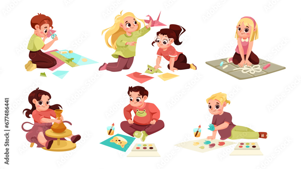 Creative Children on the Floor Engaged in Workshop Activity Vector Set Creative Children on the Floor Engaged in Workshop Activity Vector Set