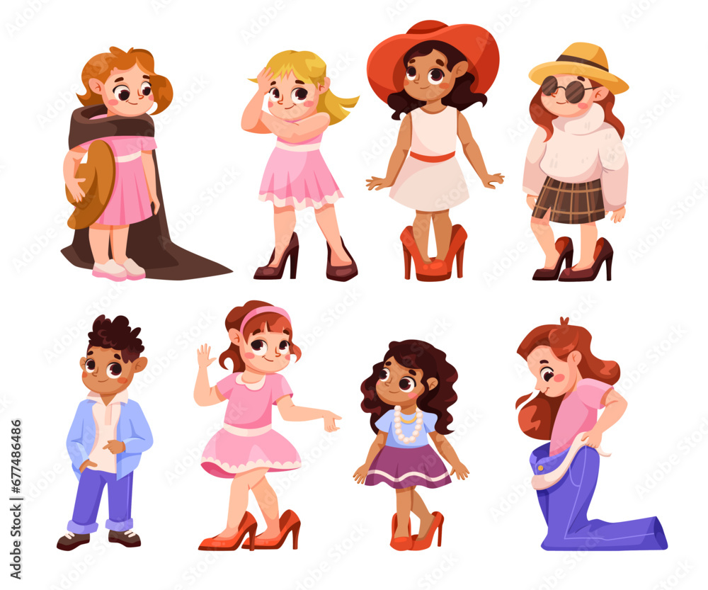 Children Dress Up as Adults Wearing Oversized Clothes Vector Set Children Dress Up as Adults Wearing Oversized Clothes Vector Set