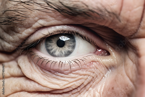 Close up of old man's blue eye with wrinkles on skin