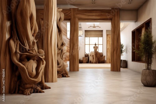 Tree trunk columns in rustic interior design of modern entrance hall with door. Created with generative AI, Generative AI