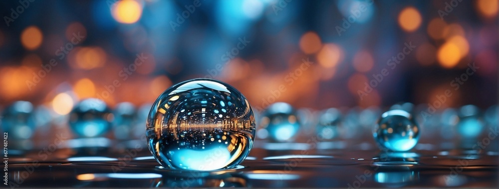 A glass ball with a reflection of a blurred city lights in it on a reflective surface with a blurry background - obrazy, fototapety, plakaty 