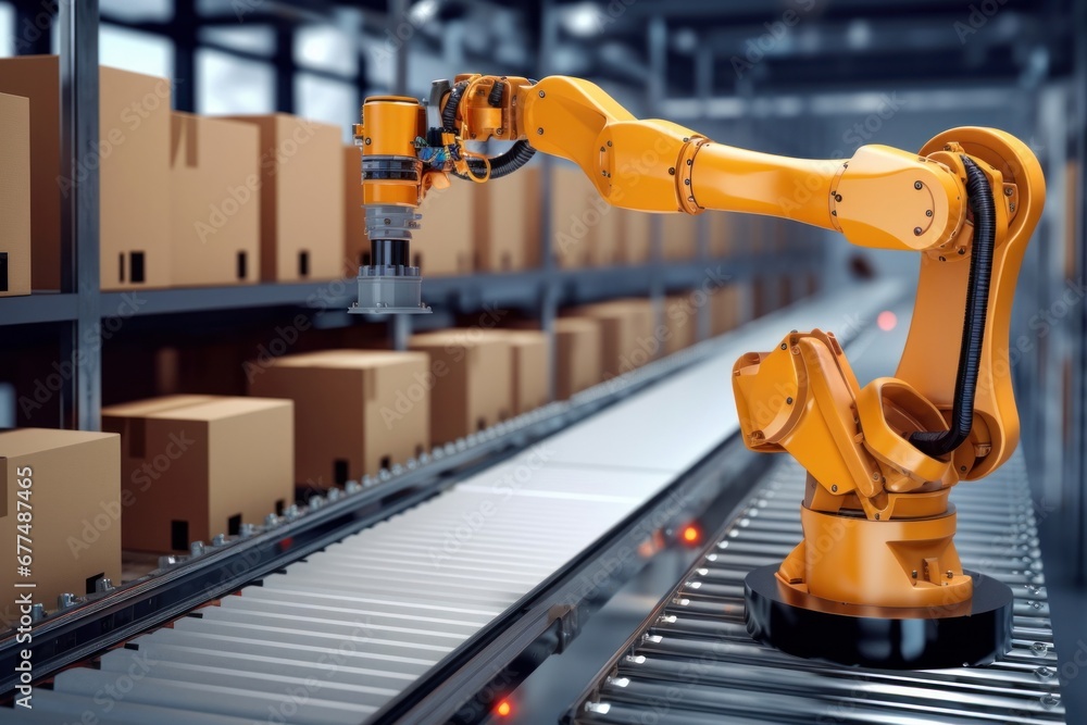 Industrial robot arm grabbing the cardboard box on roller conveyor rack with storage warehouse background. Technology and artificial intelligence innovation concept. 3D illustration, Generative AI