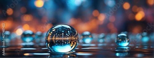 A glass ball with a reflection of a blurred city lights in it on a reflective surface with a blurry background photo