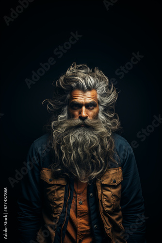 Portrait of an old man with long gray beard and mustache. © nadyaning