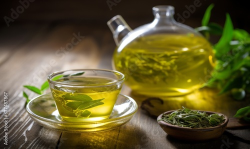 a tranquil setting of a glass cup and teapot filled with green tea. Fresh tea leaves are visible in the cup, suggesting a freshly brewed drink. A wooden bowl contains additional dried tea leaves, and 
