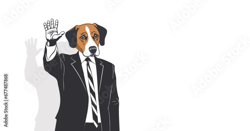 Vector cartoon funny beagle dog in a business formal suit, tie and with his hand raised. Political election banner. White isolated background.