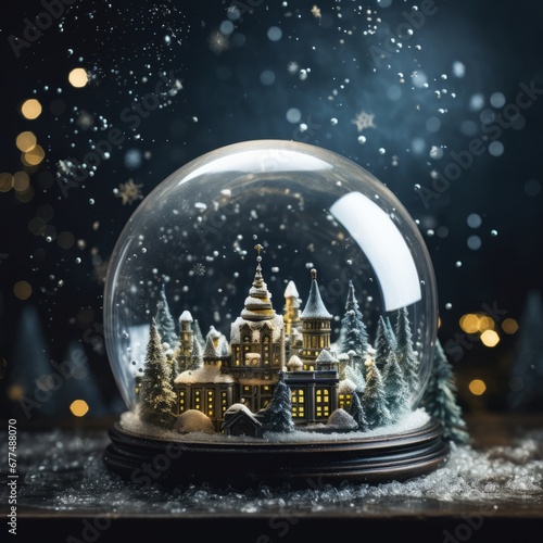A snow globe with snow falling on top of buildings or houses