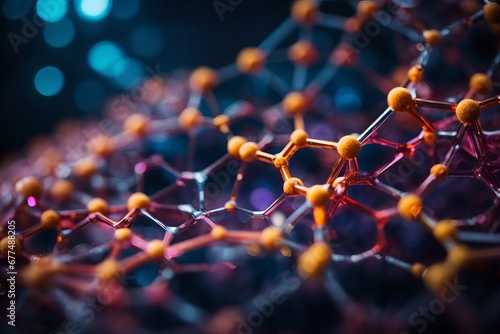 Abstract close-up photo of a molecule with orange atoms on a dark blue background with bokeh