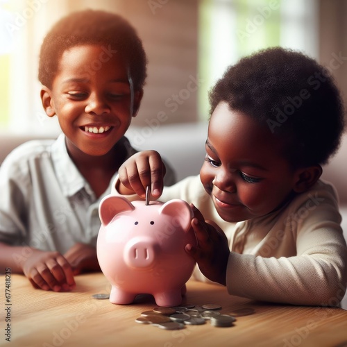 Portrait of two kids, children putting coin into piggy bank. Concept of investment, saving, economy, finance, money, insurance.