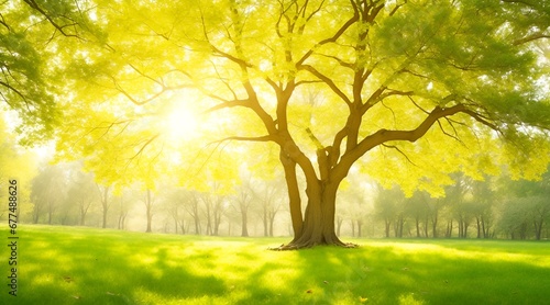Out of focus oak tree in forest or park with fallen leaves and sunlight. Beautiful spring summer nature background