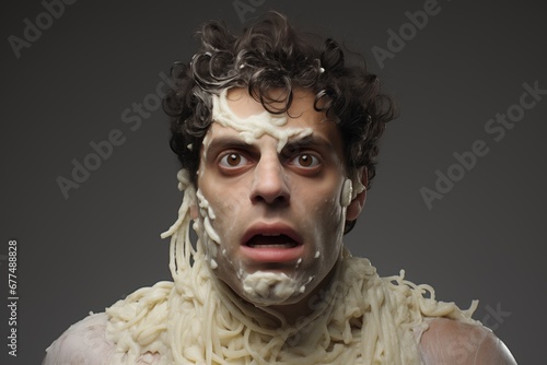 A portrait of a messy looking man covered with spaghetti and cheese. A male is surprised, frustrated and amazed. Tired of lie. Meme. Surrealism. Idiocy. A metaphor of lie. Face expression