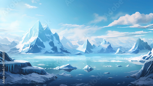 Hand-drawn beautiful illustration of iceberg scenery on the Arctic sea 