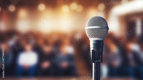 Pulblic speaking concept. A microphone over the blurred photo of classroom, conference hall, or seminar room with attendees.