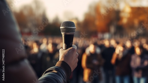 Pulblic speaking concept. A man's hand holds on a microphone over the blurred photo of outdoor event or concert with attendees.