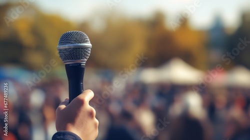 Pulblic speaking concept. A man's hand holds on a microphone over the blurred photo of outdoor event or concert with attendees.