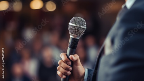 Pulblic speaking concept. A man's hand holds on a microphone over the blurred photo of classroom, or seminar room with attendees.