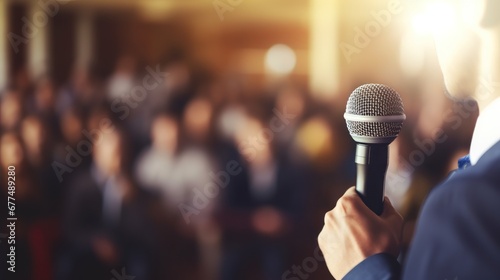 Pulblic speaking concept. A man's hand holds on a microphone over the blurred photo of classroom, or seminar room with attendees. photo