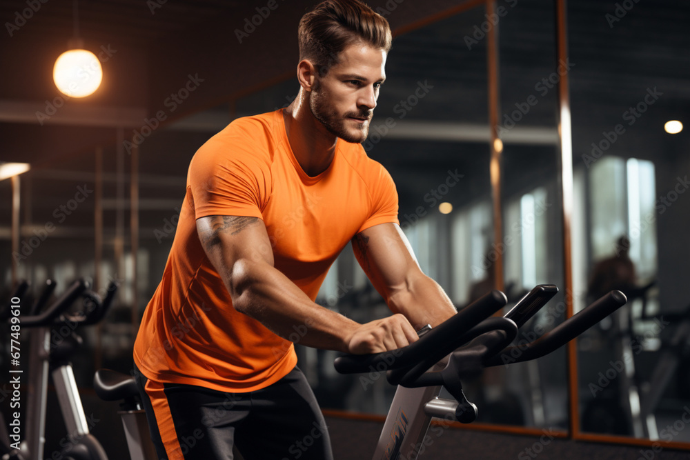 A Side View Of A Male Athlete In Orange T-shirt Riding An Exercise Bike At The Gym A Side View Of A Male Athlete In Orange T-shirt Riding An Exercise Bike At The Gym