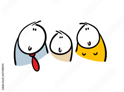 Cartoon portrait of hand drawn doodle family of three. Vector illustration of friendly father, beautiful mother and funny child.