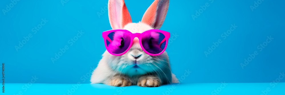 Fototapeta premium bunny wearing oversized, vibrant sunglasses and striking a pose against a colored backdrop, promoting . Generative AI