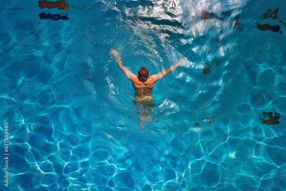 Aerial Top View Male Swimmer Swimming in Swimming Pool, Professional Determined Athlete Training for the Championship, using Butterfly Technique, Top View Shot