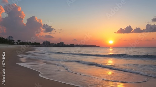 Beautiful Sunrise Over the Ocean with Palm Trees and Buildings in the Background