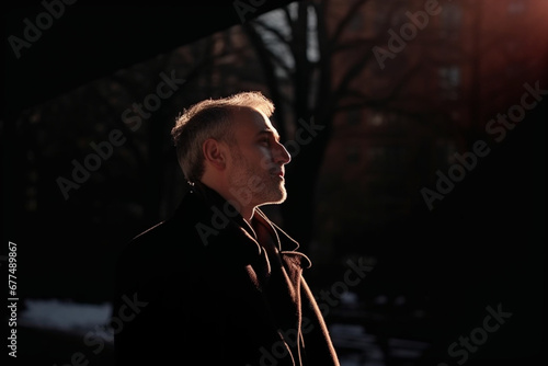 Adult man in suit on street in winter with sunlight and shadow