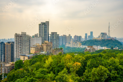 Eling Park , Panoramic view of Chongqing cityscape during early autumn in Chongqing Yuzhong District , China : 23 October 2023