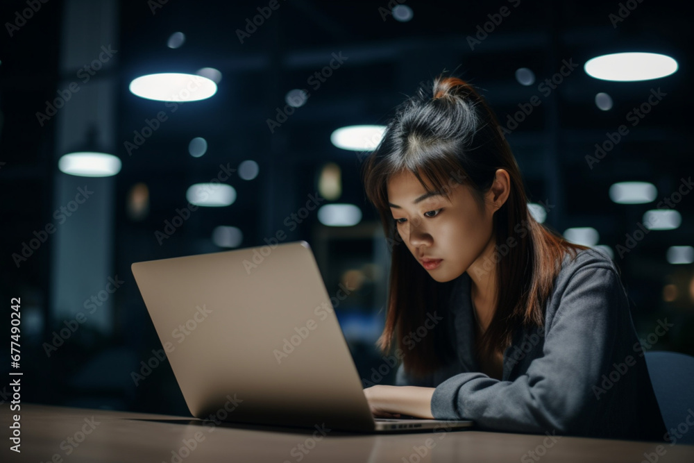 Asian woman working late, Front View Dark, Desk, Laptop, concentration, business casual, entrepreneur, marketing Asian woman working late, Front View Dark, Desk, Laptop, concentration, business casual, entrepreneur, marketing