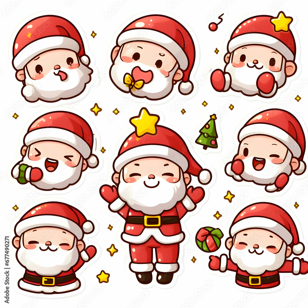 Set of Sticker Christmas Cute Cartoon Santa Claus faces and full body vector illustration.
Set of Sticker Christmas Cute Cartoon Santa Claus faces and full body vector illustration.