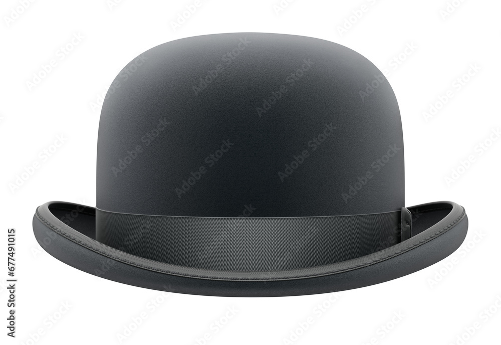 Front view of black bowler hat isolated on white background - 3D illustration - obrazy, fototapety, plakaty 